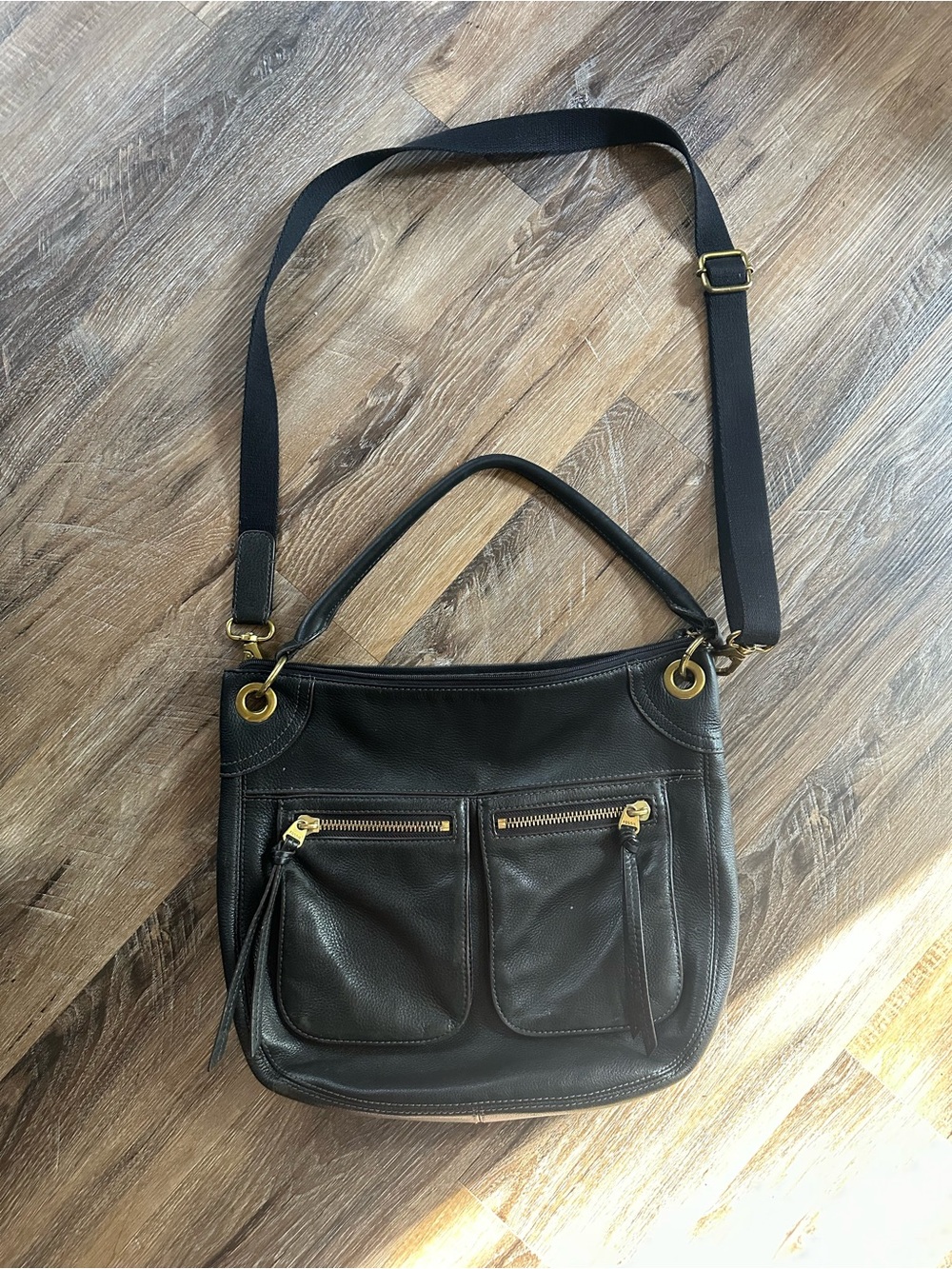 Fossil Black Leather Adjustable Crossbody with a Shoulder Strap | Gold Hardware